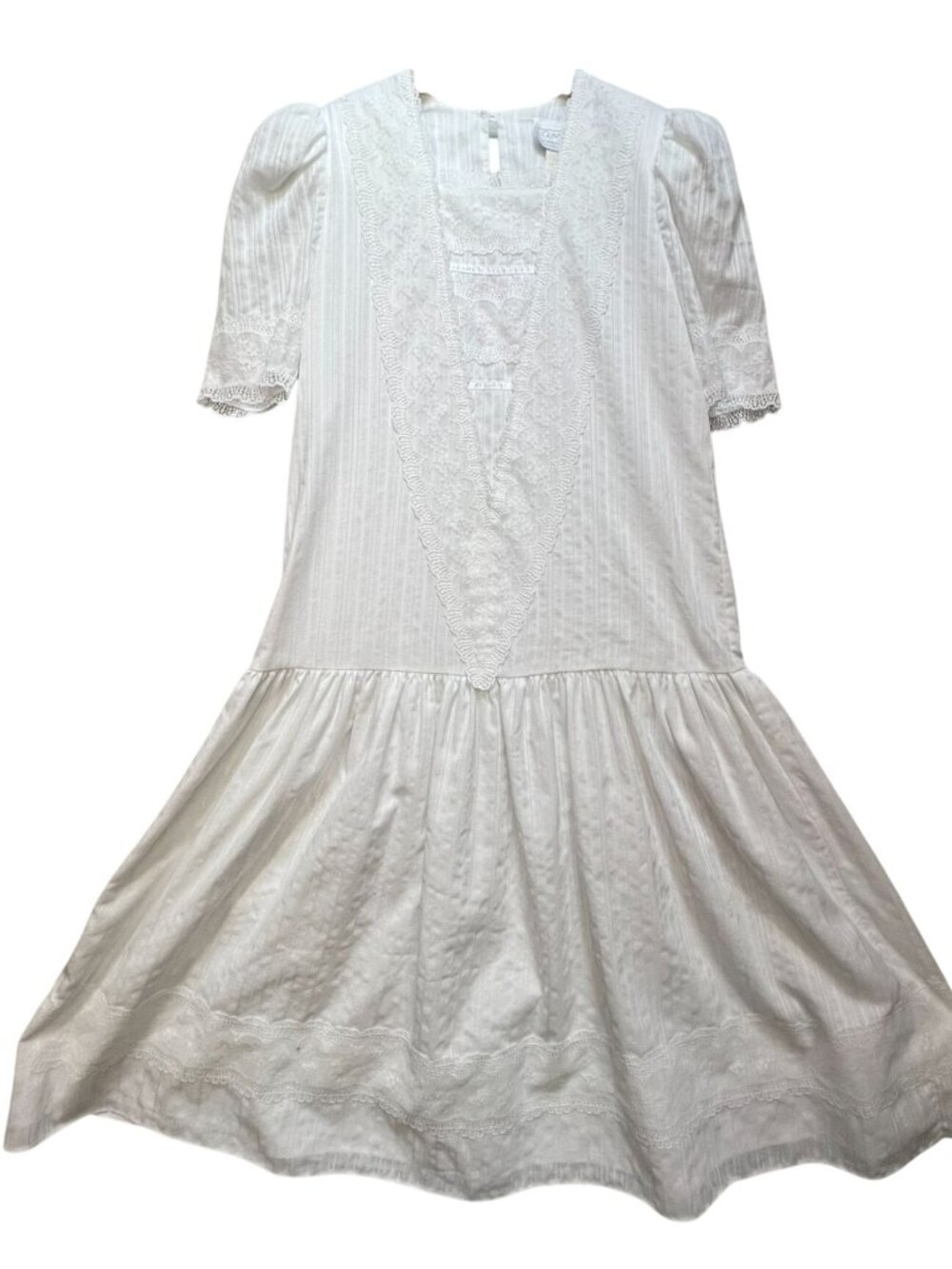 Gunne Sax by Jessica Juniors Midi Dress Puff Sleeve Lace Trim Size 5 White